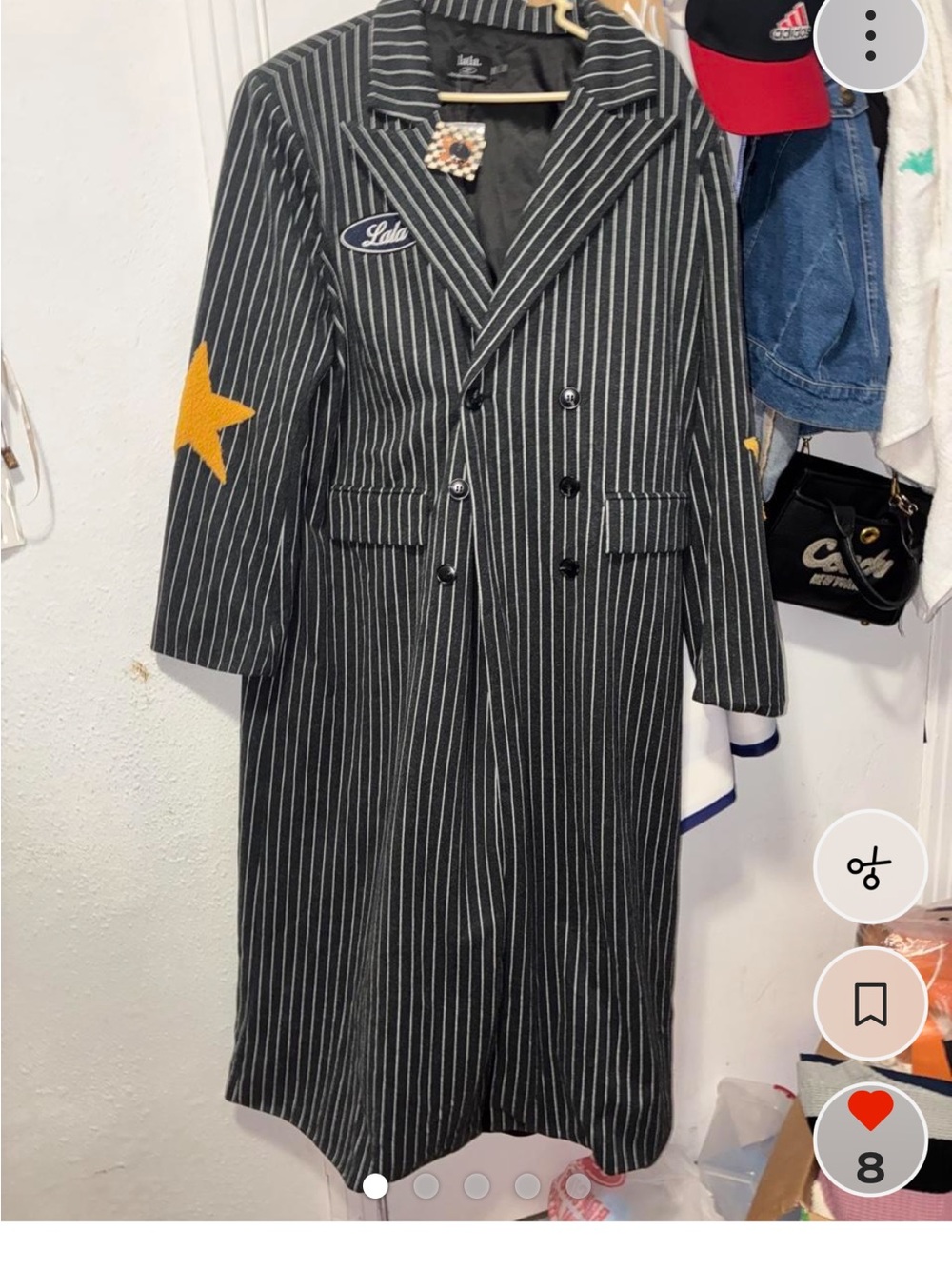Dressed in Lala Long Pinstripe Coat with Yellow Star Elbow Detail - Women - Picture 8 of 10